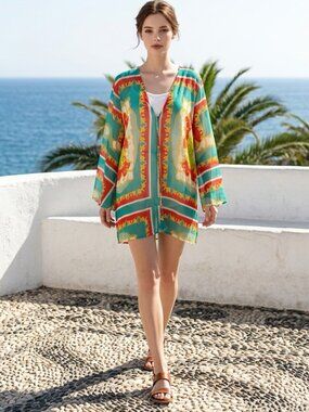 Violet Sky Sheer Tunic Sz L Womens Top Cover Up Bell Sleeve Green Gold Red